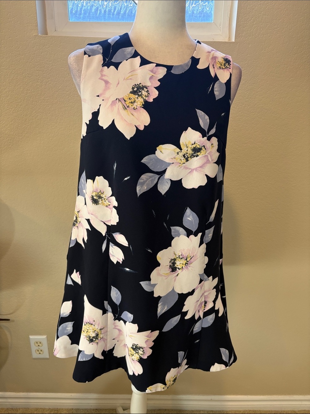 Navy Floral Sleeveless Swing Dress - Pink & White Blooms
